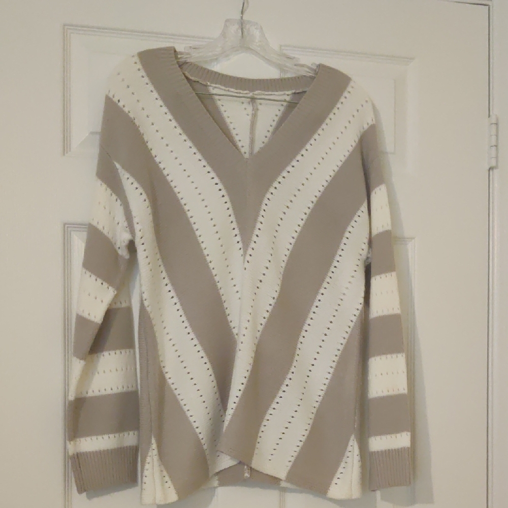 Striped V-Neck Sweater - Cream and Tan EUC